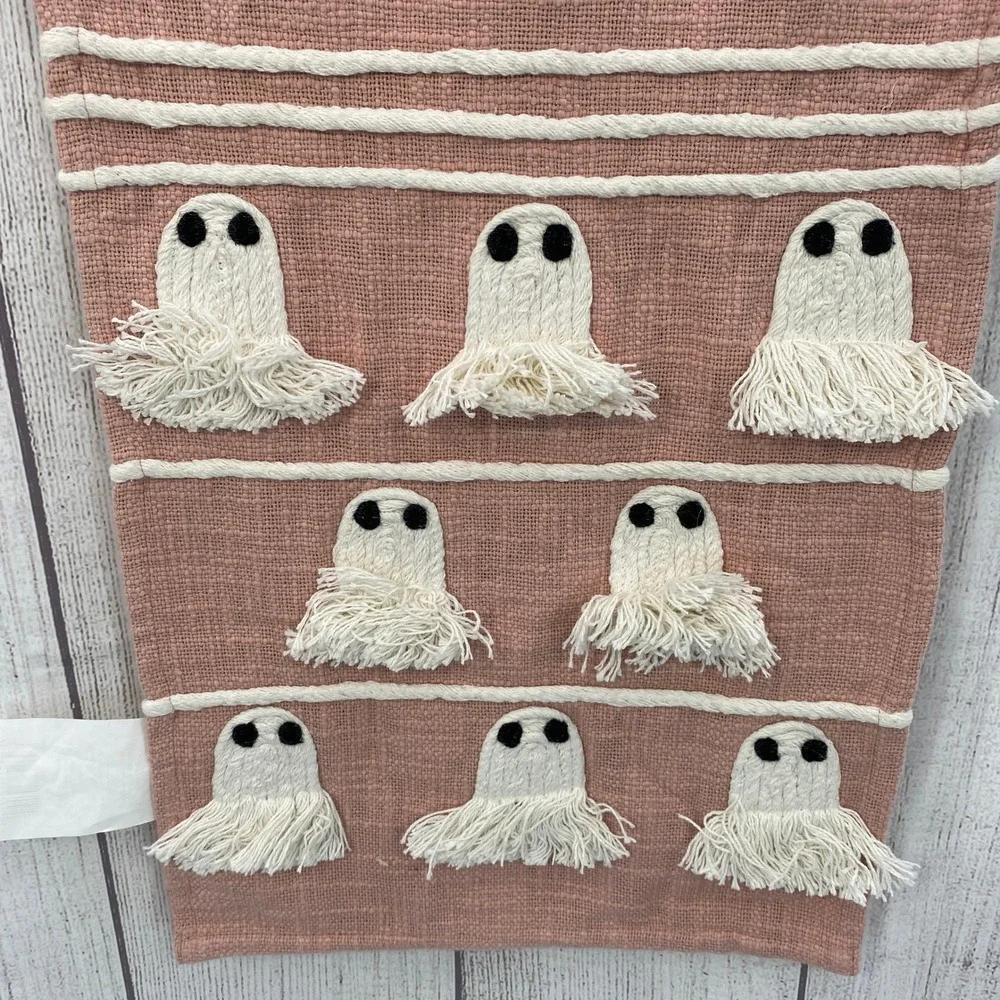 mDESIGN Ghost Table Runner Halloween 15x90 Pink Terracotta Woven Tassel Spooky